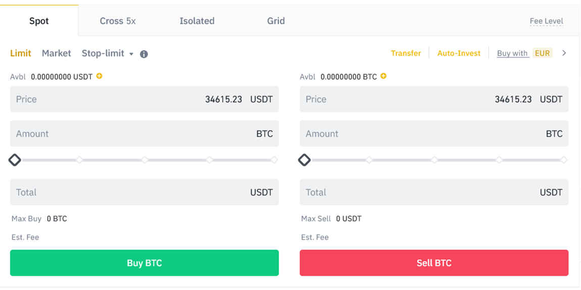 Binance Spot market kereskedési felület
