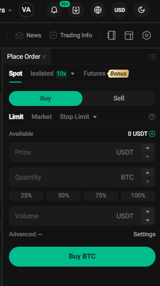 Kucoin Spot market kereskedési felület